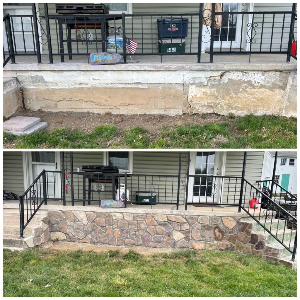 67A75E25-6B45-4616-9610-D552CD25BAFC Before and after of masonry work on a front porch.